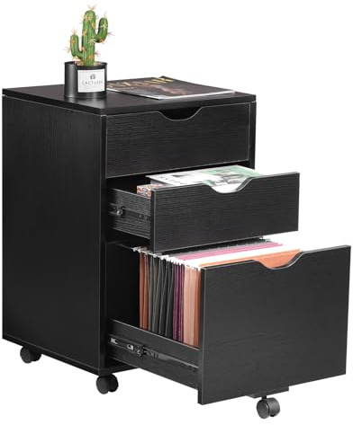HollyHOME Aktenschrank aus Holz mit 3 Schubladen, unter dem Schreibtisch für Heimbüro, rollendes Lagerregal für Zuhause, Druckerständer, für A4, Briefablagen, 30 cm Hängeregistraturordner, schwarz
