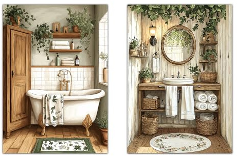 Nacnic Set de 2 Cuadros de Baño Rústicos con Ilustración Impresa en Estilo Pintura al Óleo Vintage para Decorar, Arte de Pared para Inodoro, Ducha, Baño, WC de Casa de Granja A3 Marco Negro