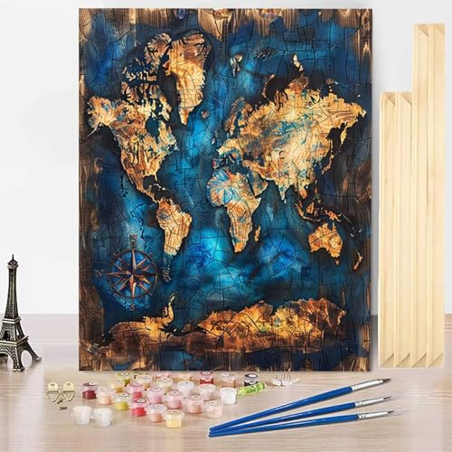 Pintar por Numeros Mapa Pintar por Numeros Adultos con Marco, Paint by Numbers Mapa del Mundo Paint by Numbers Adult Incluir 3 Pinceles y Pintura Acrilica para Decoracion Hogar 70x95cm -j2503U3