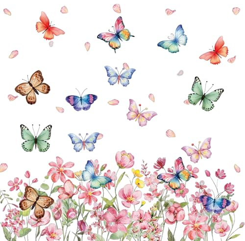 6 Bögen Fensterbilder Frühling Deko,Fensterbilder Blumen Schmetterling mit Blüten Motiv,Fensteraufkleber Selbstklebend Anti-Kollision Doppelseitig Glasaufkleber,Fensterdeko für Frühling,Sommer