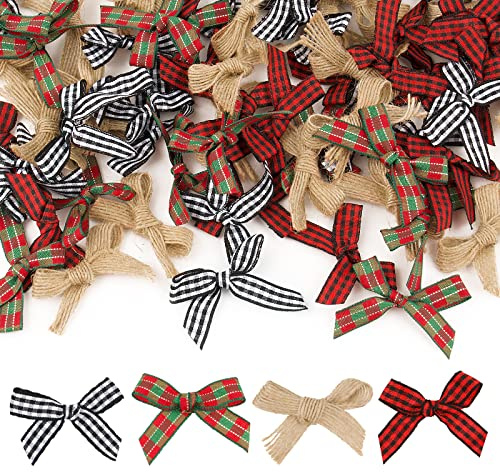 BOFUNX 100 Stücke Weihnachten Schleifen Mini Weihnachtsschleifen Leinen Vintage Geschenkschleife für Weihnachtskranz Weihnachtsdeko DIY Handwerk