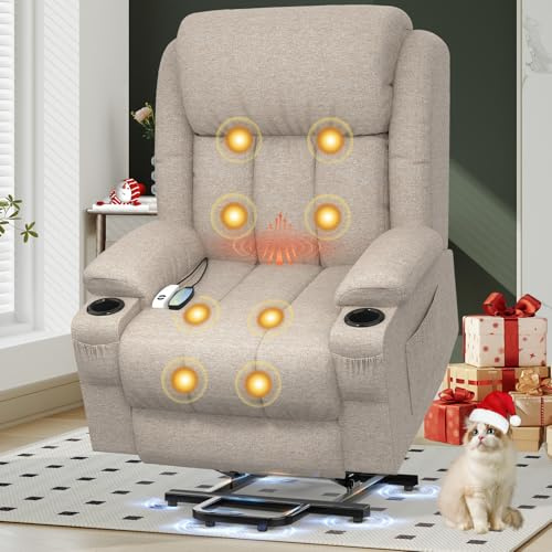 YONISEE Fernsehsessel Massagesessel Elektrisch Relaxsessel mit Liegefunktion Aufstehhilfe, Massage Heizung, Fußteil, Getränkehalter 4 Seitentaschen,TYP C & USB-Anschlüsse Leder Sessel Wohnzimmer
