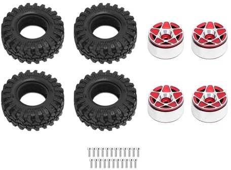 1.0 RC Wheels Rims Aluminum Alloy Durable Crawler Wheels with Soft Rubber Tires for 1/24 Scale RC Crawlers 5 Star Hub 4 Pack (Red)