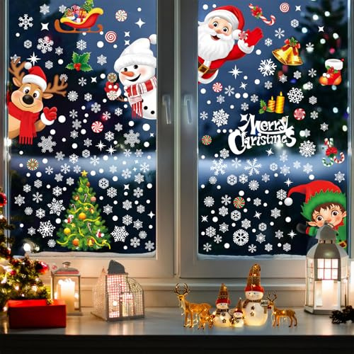 Bighan 268 Pezzi Adesivi Finestra Natale, Fiocchi di Neve Vetrofanie Alci Babbo Natale Decorazioni Finestre, PVC Autoadesivi Carino Natalizi Finestre, Color 3