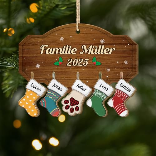 Geschenke Mall Personalisiertes Ornamente - 1-Schicht-Holz Familie Weihnachtsstrumpf - Weihnachtskugel mit Namen, Personalisierte weihnachtsdeko, Personalisiert christbaumkugel (5 Kinder)