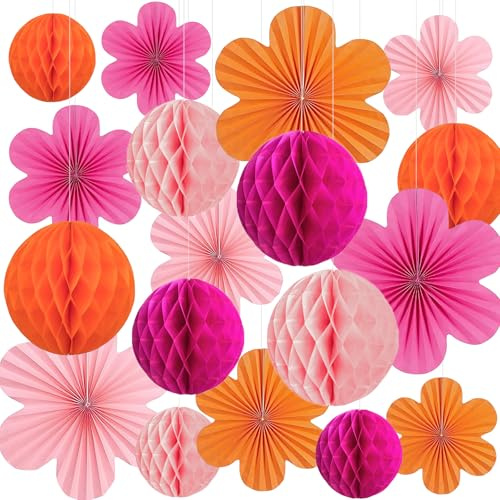 Mrilary Papierblumen-Fächer, 9 x orangefarbene und pinke Papierblumen, Partydekorationen, hängende Seiden-Pompons für Geburtstag, Hochzeit, Urlaub, Zimmer-Wanddekoration