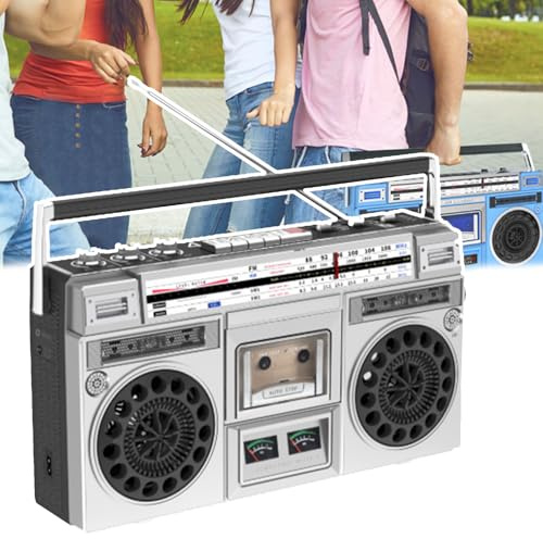 80s Retro Bluetooth Boombox, Retro Boombox CD Tape Player, Support SD/USB Input, with AM/FM Radio, 1-Click Recording/Transcription, For Family Gathering Travel Street Dance,Silver