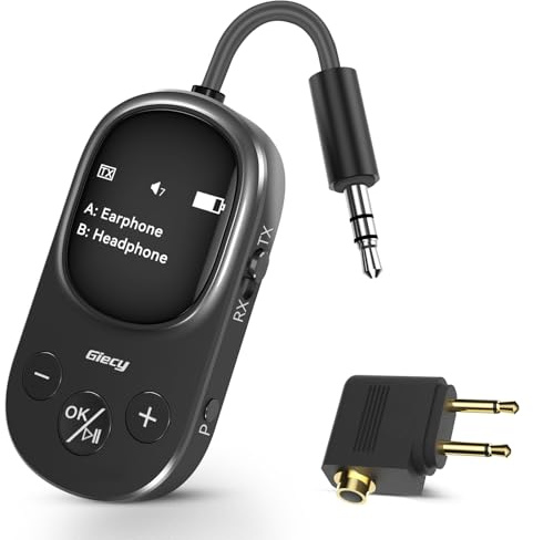 Giecy Transmisor Receptor Bluetooth Jack 3.5 Adaptador Bluetooth- Conexión Dual, aptX Baja Latencia, Adaptador Inalámbrico para Aviones, TV, MP3, Auriculares(Negro)