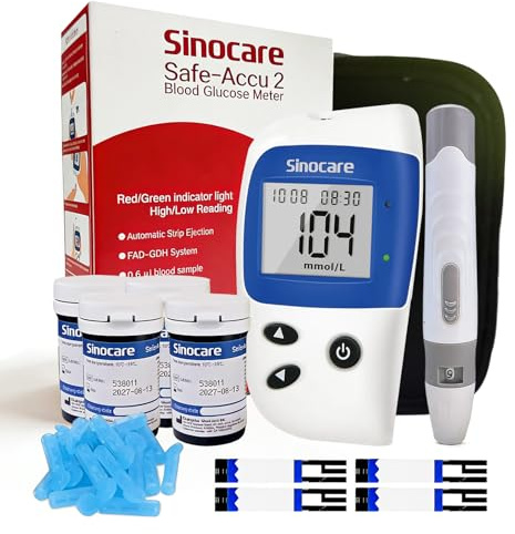 Sinocare Diabetes Testing Kit and Test Strip Set | No coding Required, Includes 100 Lancets and 100 Test Strips Suitable for (Safe-Accu2) Model (Safe Accu2 Blood Sugar Test Kit-100)