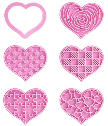 6 Pcs Pink Heart Cookie Cutter Set, Stainless Steel Valentines Cookie Cutters for Baking, Fondant, Biscuits, Pastries, Sandwiches, Cake Decorations & Gifts