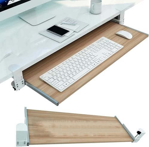 Justerbar träkeyboardbricka för hemmakontor - Klämfast mus- och tangentbordsutrymme med utdragbar låda för skrivbordet, förbättrad arbetsyta (78CM)