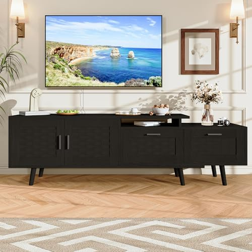 TV-bänk 169 cm i svart, justerbar längd, rotting lågt skänk med gott om förvaringsutrymme, TV-bord med 2 dörrar och 2 lådor, skänk / TV-skåp (svart-C)