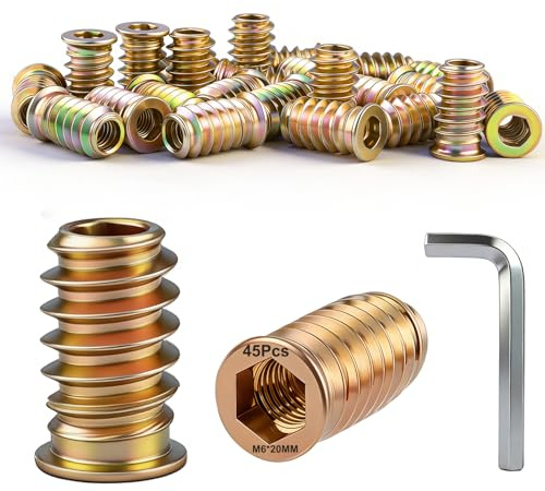 Dshunnc 45 Pièces Insert Fileté Bois, Insert M6 x 20mm Résistant à la Corrosion, Esthétique et Lisse, Idéal pour l'assemblage de Meubles et l'assemblage Bois/Méta