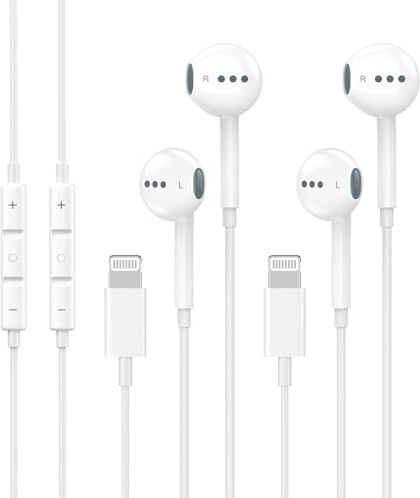 Lot de 2 écouteurs filaires compatibles avec iPhone 14/13/12/11/8/7/X/Pro/Pro Max, iPad, écouteurs intra-auriculaires certifiés Apple MFi (blanc)