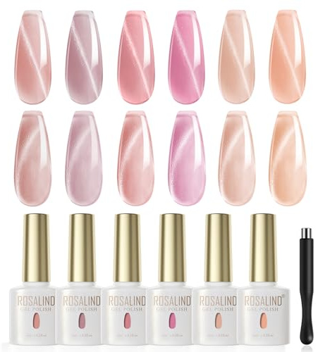 ROSALIND UV nagellack kattöga, 6 färger naken rosa kristaller magnetisk gel nagellack kattöga med magnet, blötlägg av gel nagelpolish kattöga gellack manikyr