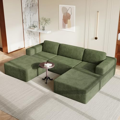 Vesgantti Modulares Cord-Ecksofa in Grün, 303 cm U-Form mit Schlaffunktion, Federkern und extra tiefer Sitzfläche, Flexibles Design mit beweglichem Fußhocker, kein Aufbau nötig