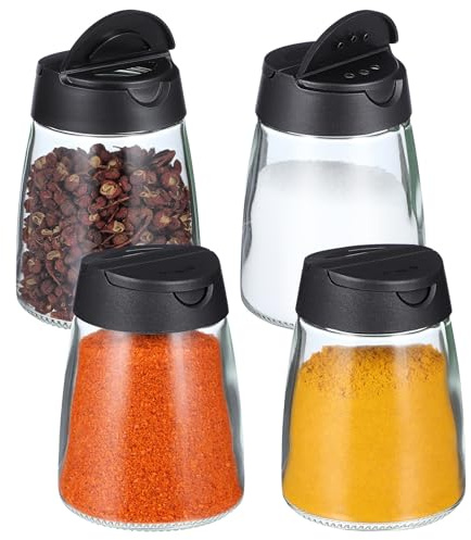 SEWACC Juego de 4 tarros de especias con tapa doble, salero y pimentero con orificios para el almacenamiento en la cocina y en la barbacoa, color negro