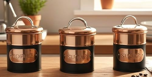 My Square Mile Tea Coffee Sugar Copper and Black Stainless Steel Caddy Set