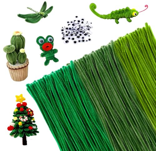 300 Stück Pfeifenreiniger Grün, 30cm Biegbar Pfeifenputzer Grün mit 100 | Kullerauge 3 Verschiedene Grüntöne Chenilledraht, Pfeifenreiniger Pipe Cleaner Basteln Set für DIY Weihnachten Dekorieren