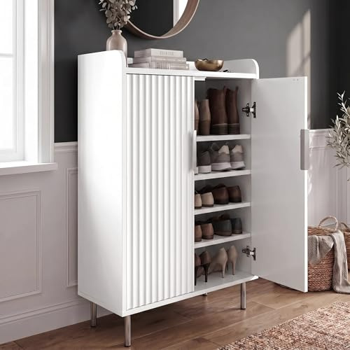 Blisswood Shoe Cabinet with Doors, Fluted Wooden Shoe Storage Cupboard, 5-Tier Shoe Rack with Adjustable Shelves, Metal Legs & Handles for Living Room, Hallway Bedroom White 36Dx 60Wx 105H cm