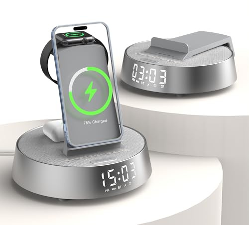 FREEFISH Wireless Charging Station, 25W Fast Wireless Charger, Bluetooth Speaker with Dimmable Night Light, Radio Alarm Clock with Wireless Charging for iPhone and Samsung, Apple Watch, AirPods