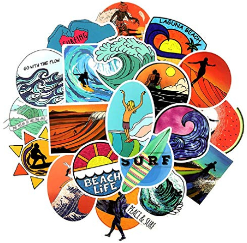 Top Aufkleber ! Set von 50 Surfing Aufkleber Premium Qualität - Vinyls Stickers Nicht Vulgär – Surf, Beach, Graffiti - Anpassung Laptop, Gepäck, Motorrad, Fahrrad, Scrapbooking