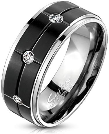 Paula & Fritz® Ring Damen Tiefe Rillen Zirkonia Klar Titan-IUM Größe 59 (18,8) - 70 (22,3) Silber-schwarz 8-mm breit Partnerring Verlobungsring Herrenring