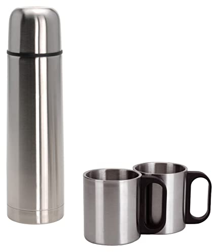 1 Litre Stainless Steel Thermos Flask With 2 Handled Drinks Cups | Double Walled Insulated Vacuum Flask | Hot Cold Drinks Hydro Flask With Cups