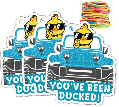 You've Been Ducked, Duck Tags,Cute Duck Tags, Duck Duck Tags, Ducking Game Card, 35 Pack 2.9 x 2.4, with Round Hole and Rubber Bands, Duck Design and SUV Car (Glitter Blue)