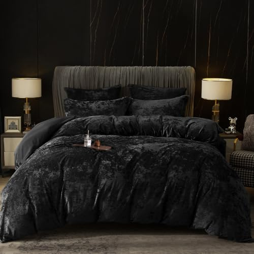 PHF Samt Bettwäsche 155x220, Luxus Flauschig Bettwäsche 155x220 cm mit 2er Kissenbezüge 80x80 cm, Kuschel Velvet Bettbezüge, Schwarz