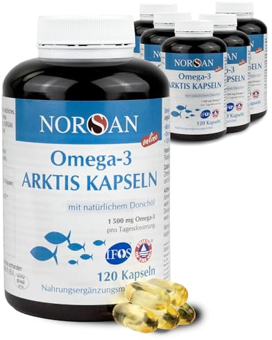 NORSAN Premium ARKTIS Kapseln - 1.500 mg Omega 3 hochdosiert - 6x120 Stück | 484 mg EPA & 720mg DHA pro Portion aus Doschöl - Fischöl aus nachhaltigem Wildfang - Omega-3 Öl gereinigt von Schadstoffen