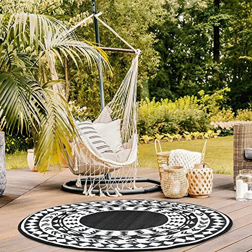 IFJA Garden Rug Reversible Round Outdoor Lawn Carpet Waterproof Mat for Garden Picnic Camping Festivals Beach Suitable for Home (Black/White)