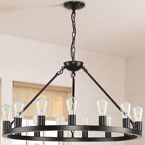SARUDIIR 32 inch Black Wagon Wheel Chandelier 15-Light Farmhouse Round Wheel Chandeliers Hanging Light Fixture Outdoor Wagon Wheel Chandelier for Porch for High Ceilings Dining Room
