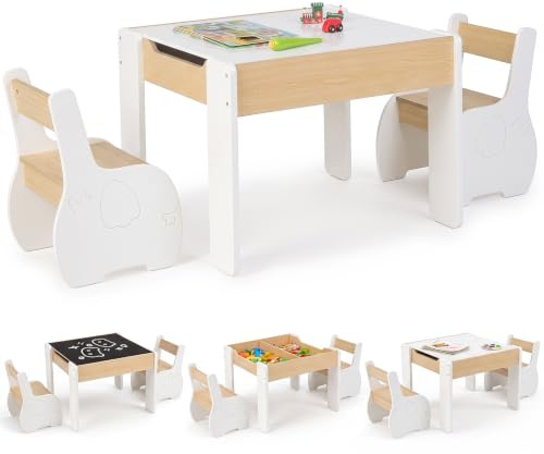 INFANS Kids Table and Chair Set, 4 in 1 Wooden Multi Activity Desk with Reversible Removable Tabletop Blackboard Storage, Toddler Furniture for Arts Crafts Drawing Learning (White)