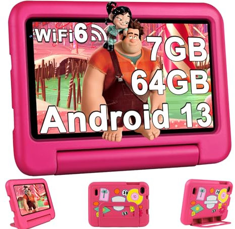 Oangcc 2025 Tablet 7 Pulgadas Android Tablet, 7GB RAM+64GB ROM(TF 1TB), WiFi 6, GMS Certified, BT 5.0, Control Parental/Dual Camera/GPS/Funda para Tableta a Prueba - Rosa