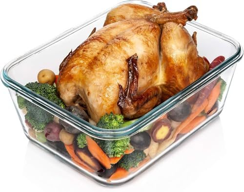 3300 ml/ 112 oz LARGE Glass Food Container with Locking Lid. Ideal for Storing food, vegetables or fruits. Baking Casserole, Lasagna, Baking Or Roasting chicken and lot of other tasty food. BPA Free