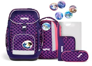ergobag maxi set 6-teilig, ergonomischer Schulrucksack Grundschule für Mädchen und Jungen, ideal für große Kinder ab der 1. Klasse PerlentauchBär - Lila