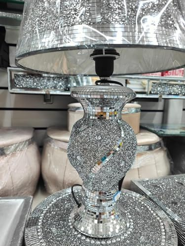 Biznest Silver Glitter Crushed Diamond Table Lamp with Shade Ornament Diamante Home Spiral Line