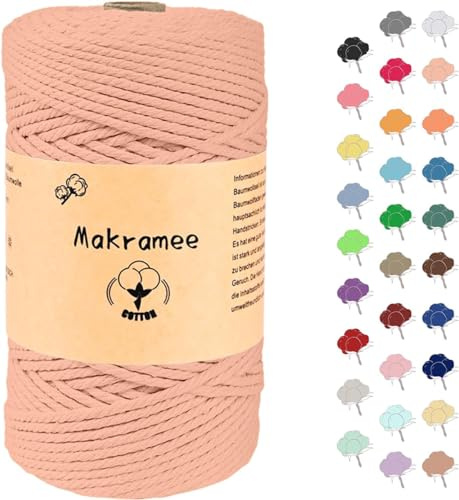 Uvolo Makramegarn 4 mm x 100 m, Makramee bomullsgarn, bomullsgarn för att göra blomkorgar, växthängare och gör-det-själv-hantverk med papperslåda