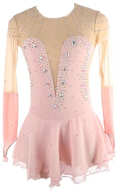 VVieer Mädchen Frauen Handgefertigt Eiskunstlauf-Kleider Langarm Eislaufen Kristalle Elastic Fabric Handmade Ice Skating Dress (XXS,Pink)