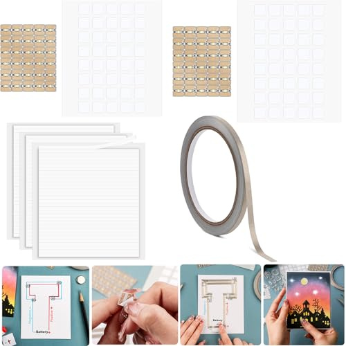 60 calcomanías de circuito LED blancas y cinta de tela conductiva, kit de manualidades de luz para proyectos de manualidades, añade luces a un árbol de Navidad, ilumina una casa, crea una escena