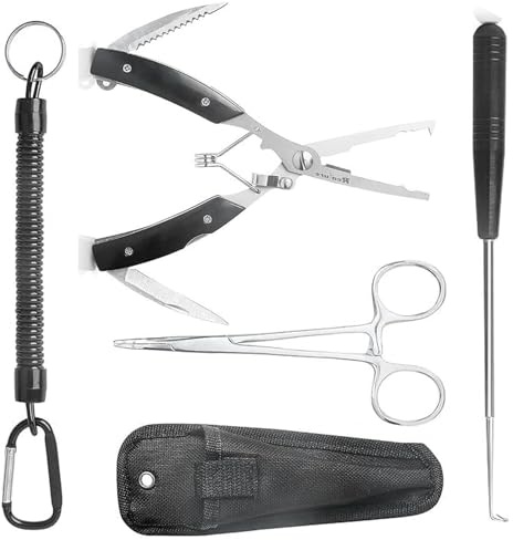 ANBOO 5 Stück Multifunktionale Angelzange Set,mit Lanyard,Umfasst Aterien Zange,Hakenlöser Angeln,Linienschneider Angel Zange für Hakenlöser,Sprengring,für Angelhaken und Sprengringe entfernen