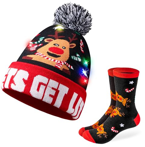 Giggling Getup Weihnachtsmütze für Erwachsene, leuchtende Weihnachtsmütze mit Crew-Socken für Damen, warme Strickmütze, Blau