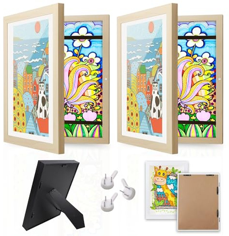 Krobby – Kinder-Zeichnungsrahmen – Rahmen zur Aufbewahrung von Zeichnungen – Magnetische Frontöffnung – Platz für 150 Zeichnungen – Holzdesign – A4-Rahmen (21 x 29,7 cm) – 2er-Pack Bilderrahmen