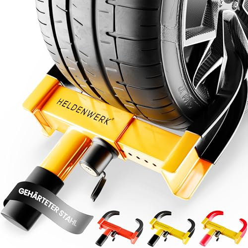 HELDENWERK Parkkralle Radkralle mit Hochsicherheitsschloss & 3 Schlüsseln - für Anhänger, Wohnmobil, Wohnwagen, Auto - PKW Reifenkralle, Autokralle, Rad-Kralle für 18-30cm Reifenbreite (Schwarz/Gelb)