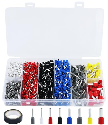 Set di manicotti terminali 1300 pezzi, manicotti terminali 0,5 mm² - 10 mm², assortimento di manicotti terminali isolati, set di manicotti terminali per connessione dei fili, con 1 rotolo di nastro