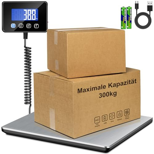 RAOYAN Paketvåg 300 kg plattformsvåg 20 g noggrannhet brevvåg, bagagevåg för paket/lager/bagage, paketvåg med LCD/Hold/Tar-funktion, batterier och typ C