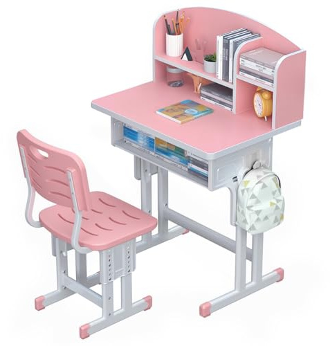 ZHOUBA Juego de sillas de escritorio para niños, escritorio ergonómico de altura ajustable con cajón de almacenamiento, soporte para libros, diseño de pared
