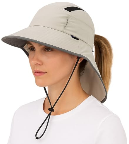TOP-EX Pferdeschwanz Sonnenhut UV Schutz Damen mit Nackenschutz Breite Krempe Sommerhut Gartenhut Outdoor Fischerhut Wasserdicht & Faltbar Grau Groß