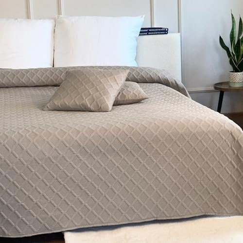 Euromat Tagesdecke Steppdecke Bettüberwurf Gesteppte Zweiseitig Tagesdecke mit 2 Kissenbezüge 40x40 cm- (Beige Taupe- Parla 3D, 220x240 cm)
